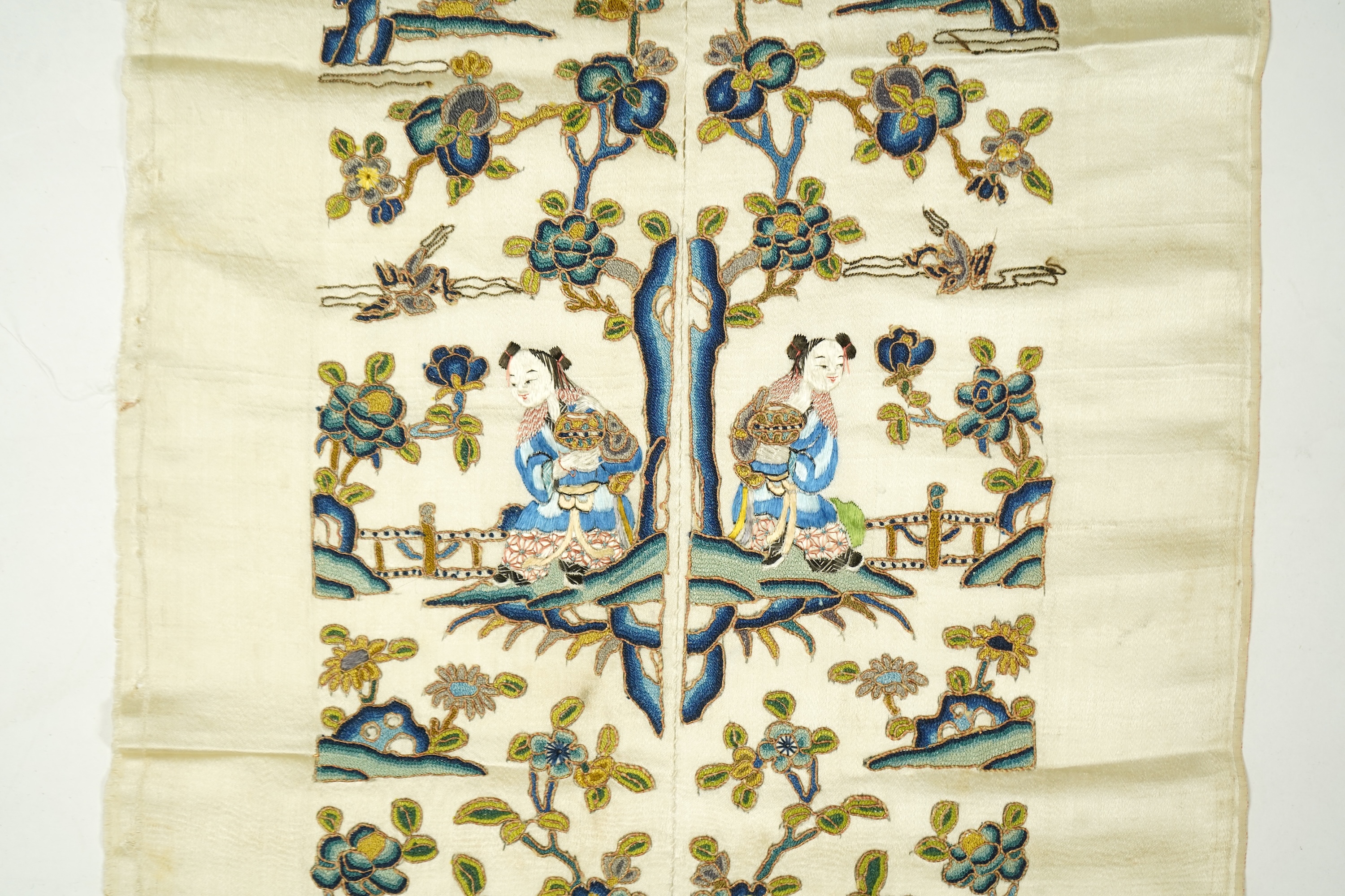 A pair of late 19th century Chinese figurative silk embroidered sleeve bands. Embroidered on cream silk using mostly Chinese knot, couched with gold thread. 53cm x 9cm each wide. Condition - cream silk, embroidery are bo
